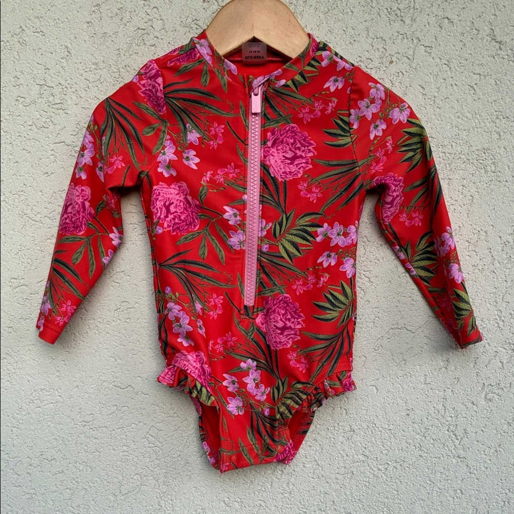 Old Navy red with pink floral swim suit for your toddler! Long sleeve zip front